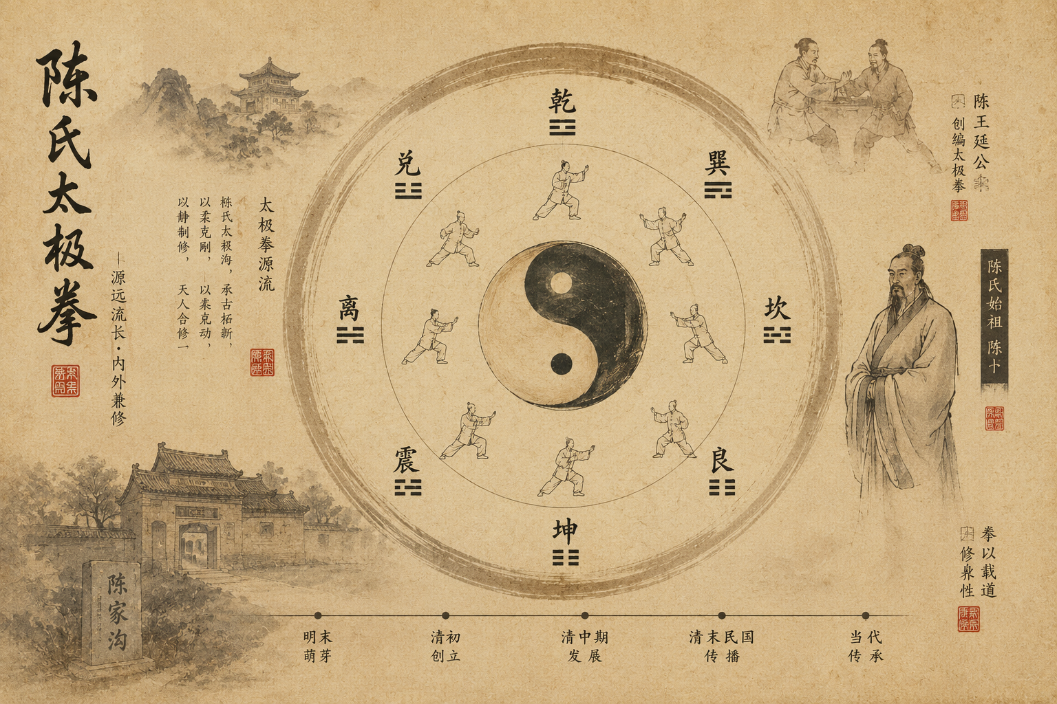 The ancient origin of Tai Chi — born in Chen Village, China, passed down through generations to the modern world. Traditional Chinese ink painting style.